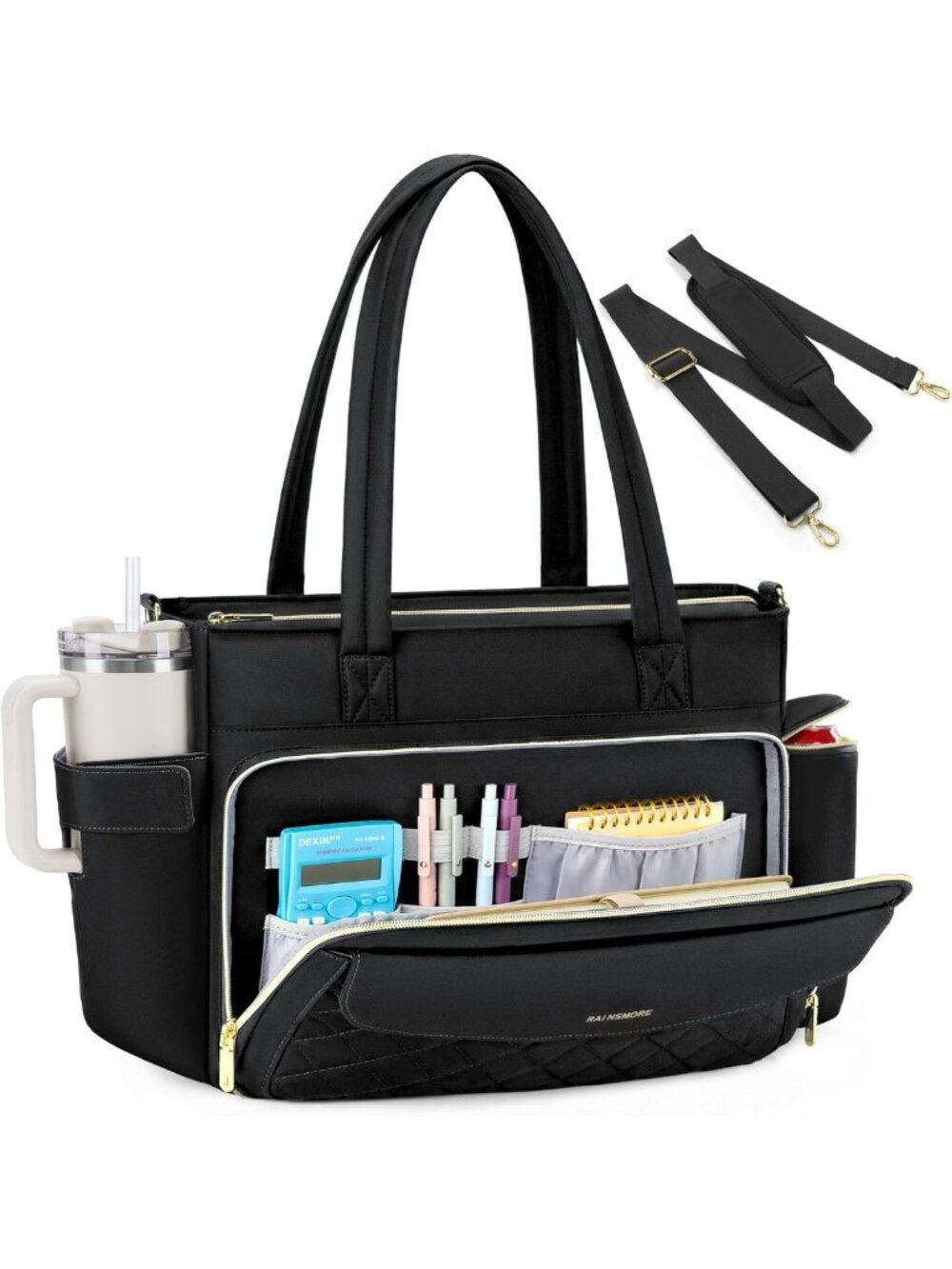 Stylish Teacher Tote Bag for Women, 15.6" Laptop Work Bag with Cup Holder